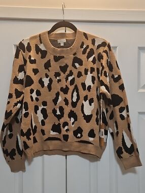 Debut Leopard Crewneck Sweater - Tan, Black, White Womens L NEW